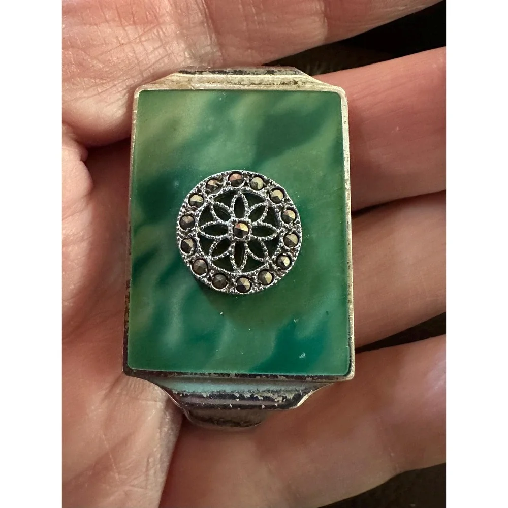 Art Deco Lady's Money Clip Chrome Green Enamel Marcasite